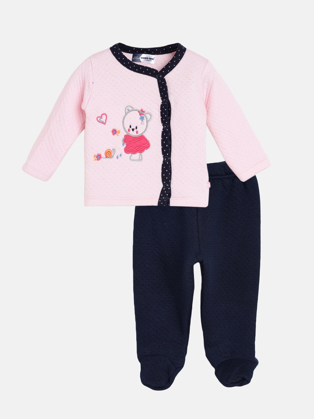 Moms Love Infant Girls Pink & Navy Blue Embroidered Pure Cotton T-shirt with Trousers