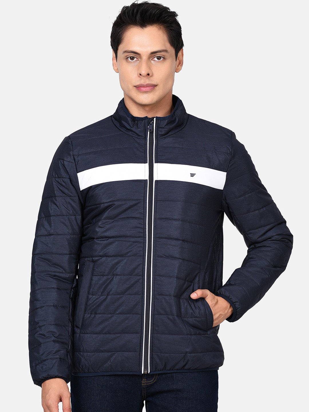 t-base Men Navy Blue White Colourblocked Lightweight Puffer Jacket