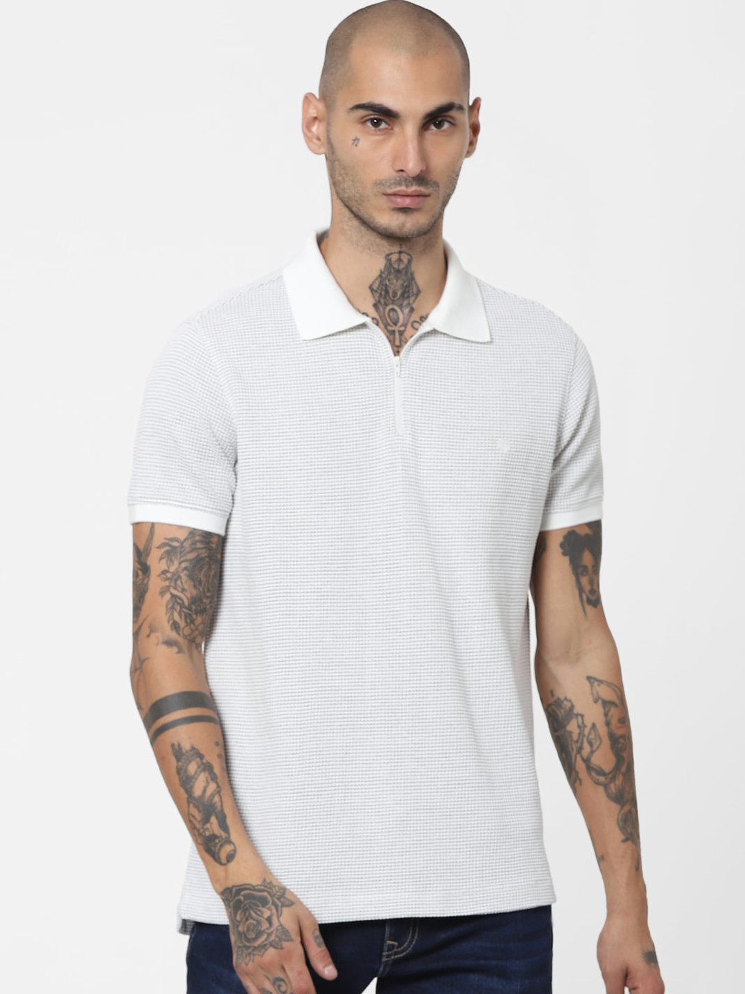 Jack & Jones Men White Textured Polo Collar Casual T-Shirt