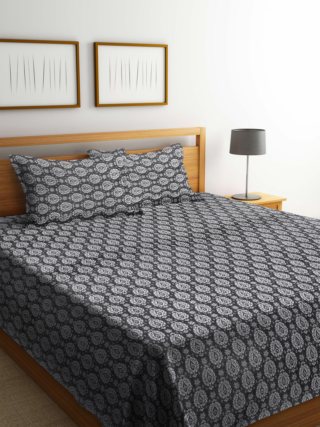 Arrabi Grey Ethnic Motifs Cotton Super King Bed Cover With 2 Pillow Covers