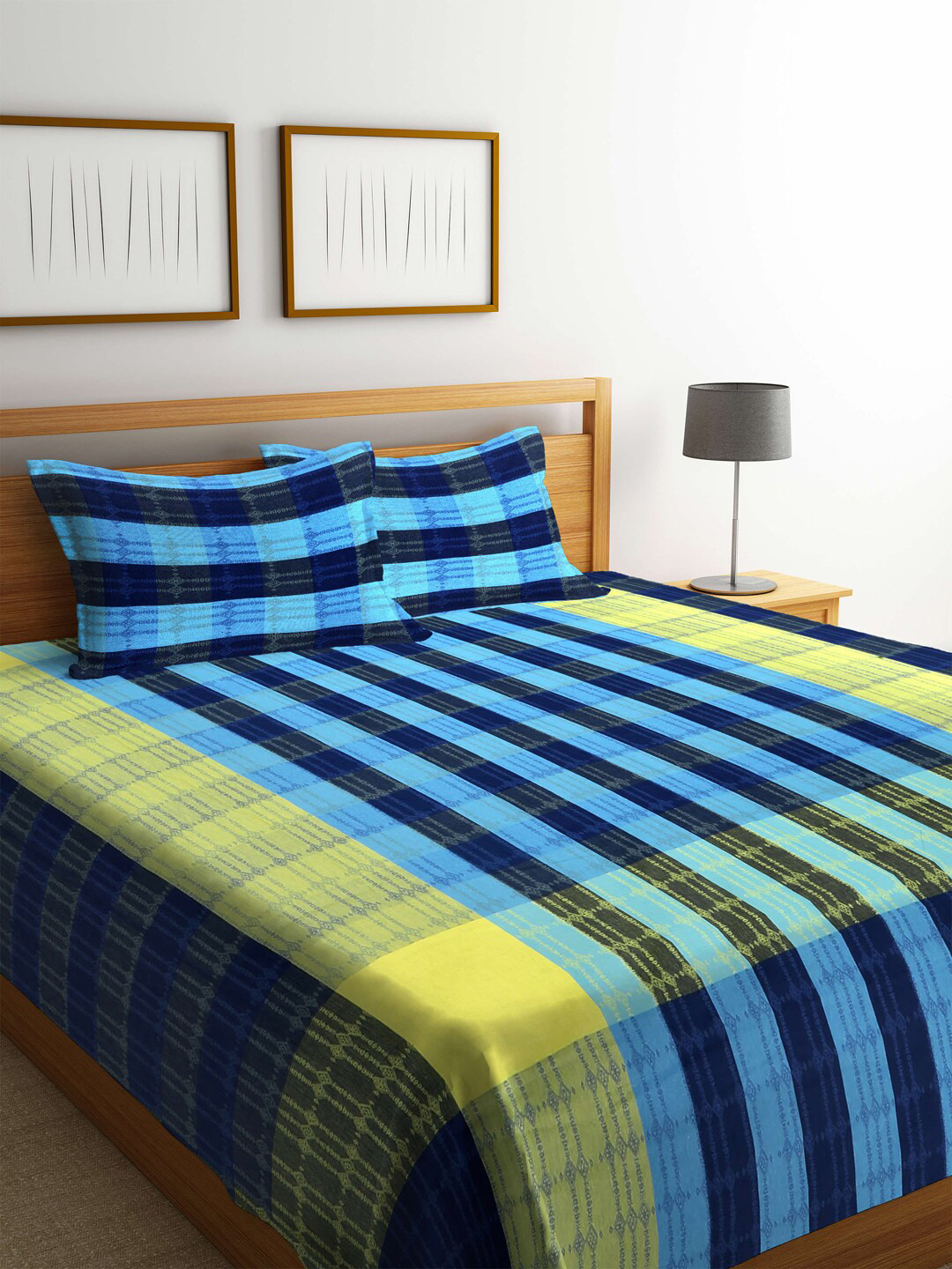 Arrabi Blue & Black Striped Handwoven Cotton Double Size Bedcover with 2 Pillow Cover