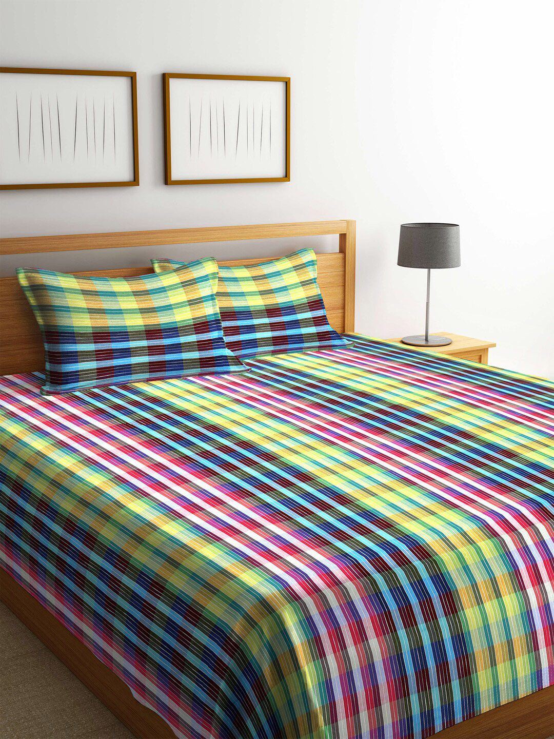 Arrabi Green & Blue Striped Handwoven Cotton Super King Bedcover with 2 Pillow Cover