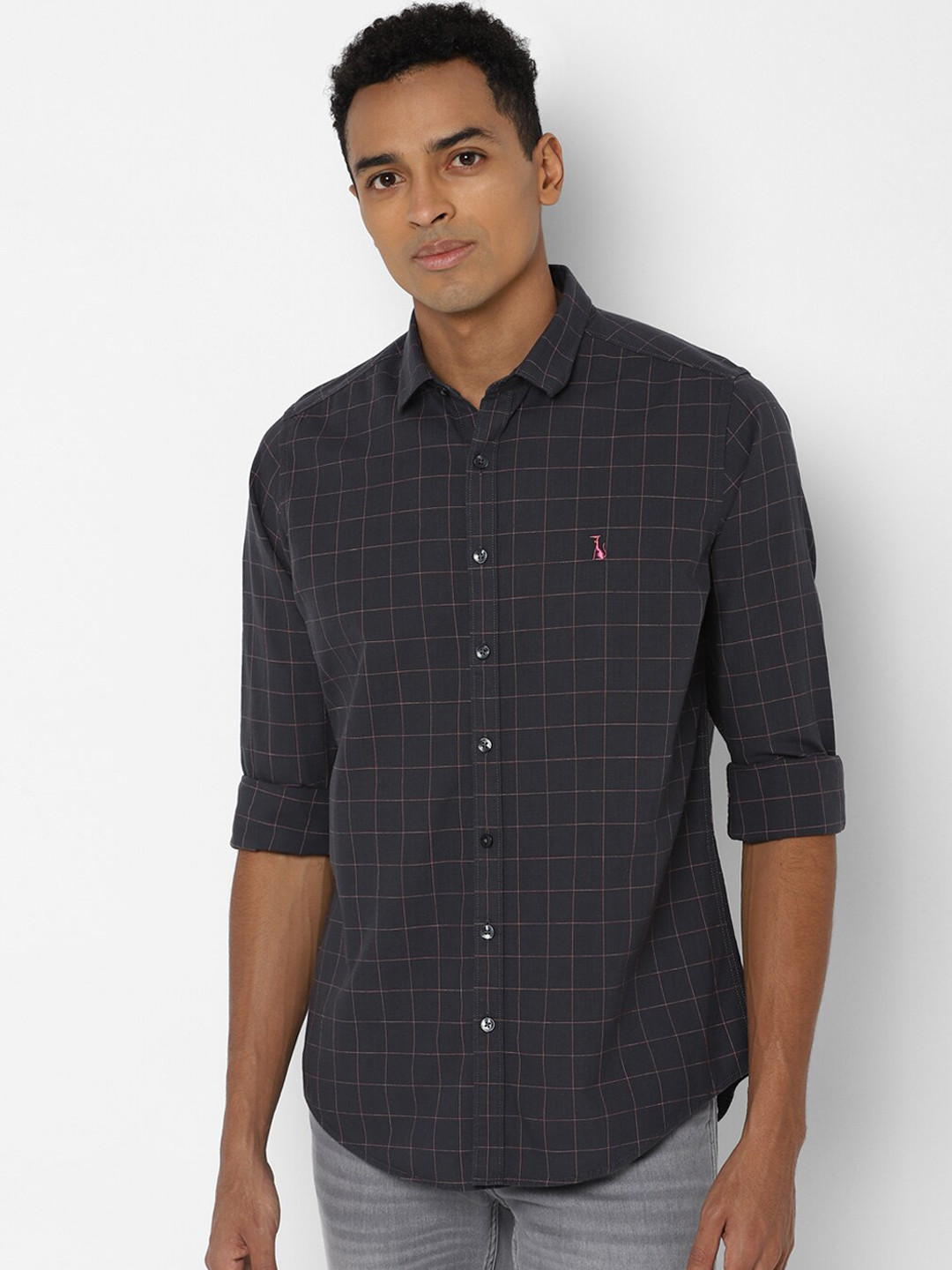 SIMON CARTER LONDON Men Charcoal Slim Fit Grid Tattersall Checks Opaque Checked Casual Shirt