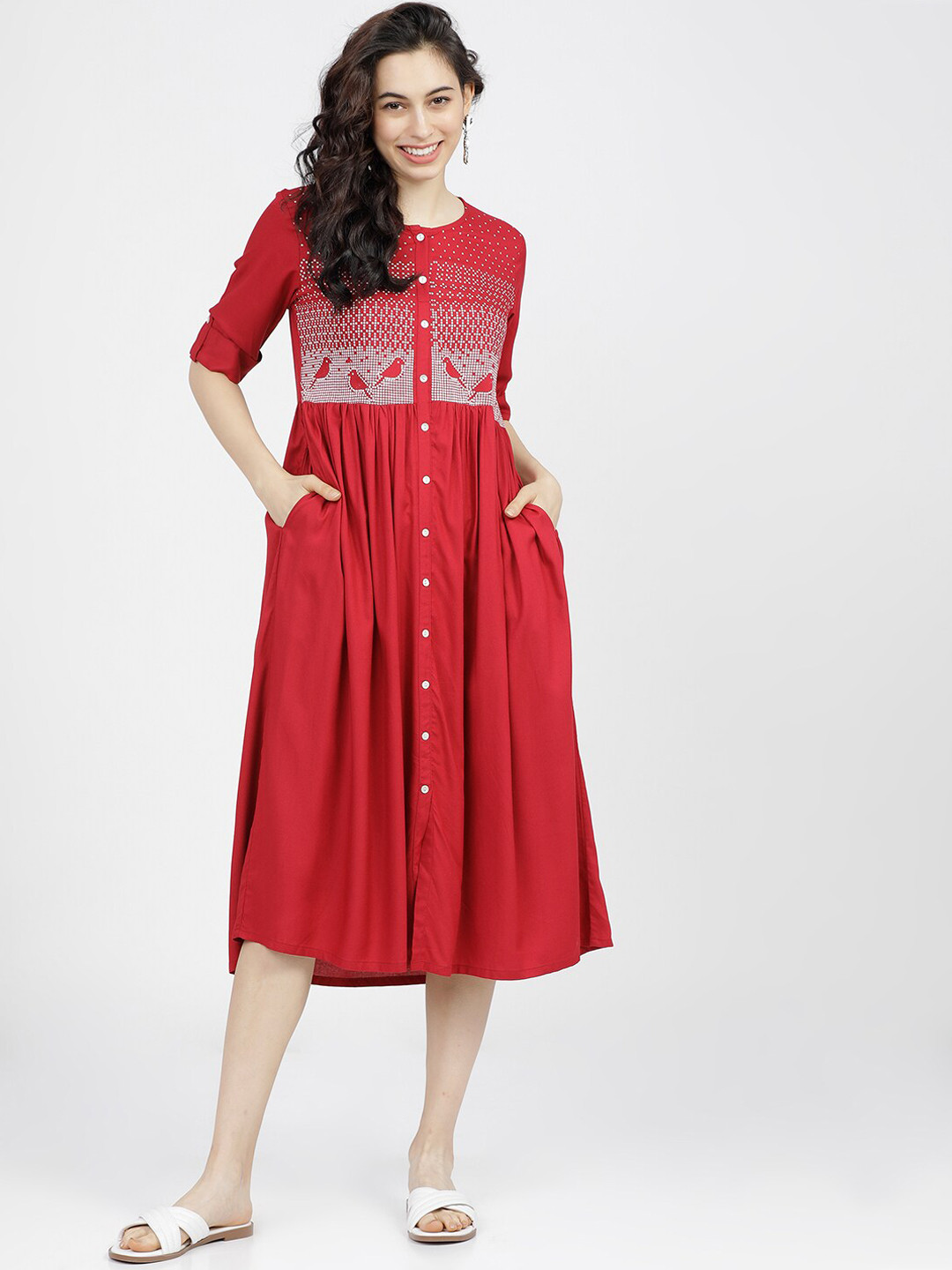 Vishudh Red Ethnic Motifs Gathered Midi Dress