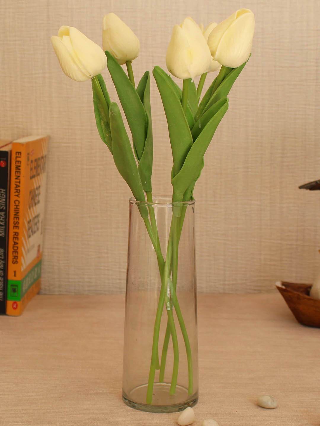 TIED RIBBONS Set of 5 Off White & Green Artificial Tulip Flower Sticks With Glass Vase