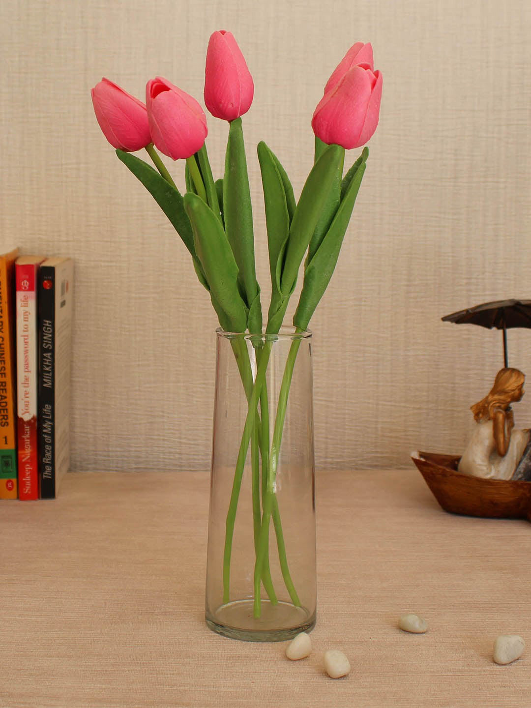 TIED RIBBONS Set of 5 Pink & Green Artificial Tulip Flower Sticks With Glass Vase