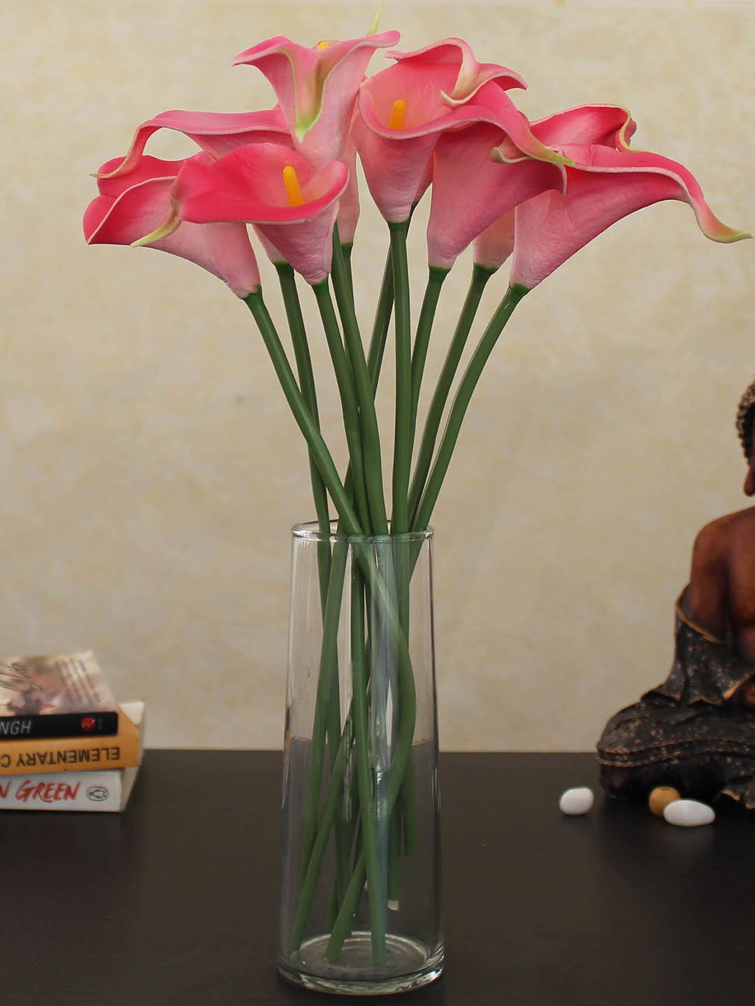 TIED RIBBONS Set of 10 Pink & Green Artificial Calla Lily Flower Bunches with Vase Pot