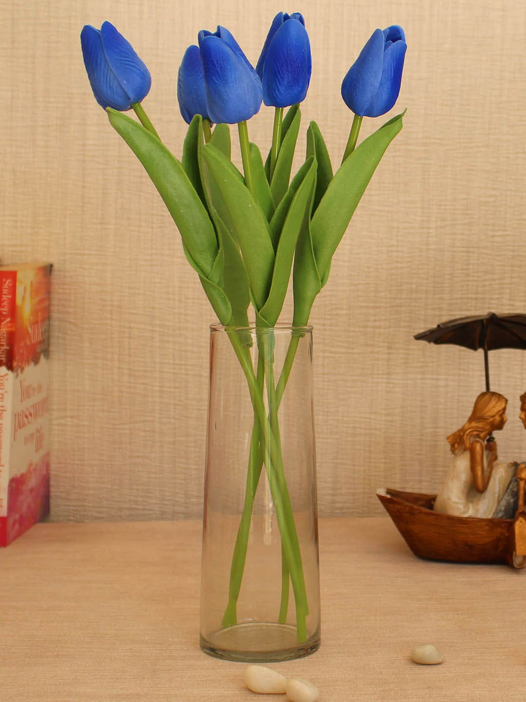 TIED RIBBONS Set of 5 Blue & Green Artificial Tulip Flower Sticks With Glass Vase