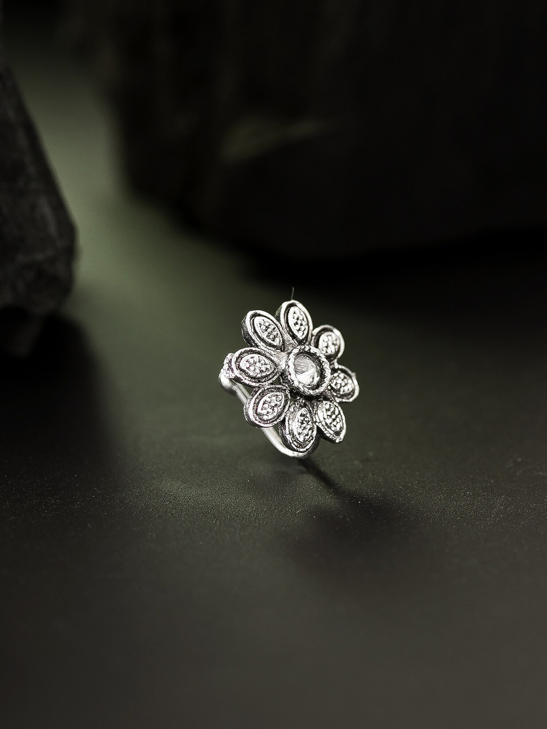 aadita Silver-Plated White AD-Studded Enamelled Stud Nosepin