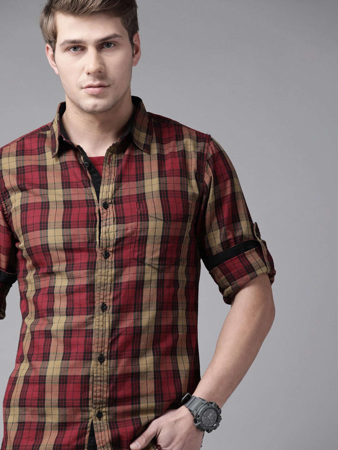 Roadster Men Red & Mustard Yellow Pure Cotton Tartan Checks Checked Casual Shirt