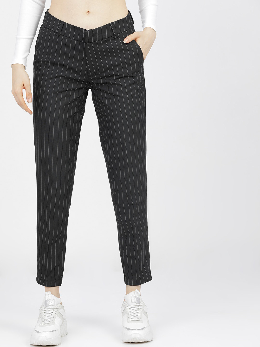 Tokyo Talkies Women Black Striped Trousers