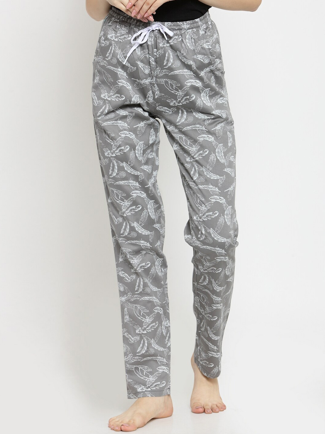 Boston Club Women Grey & White Printed Pure Poplin Cotton Lounge Pants
