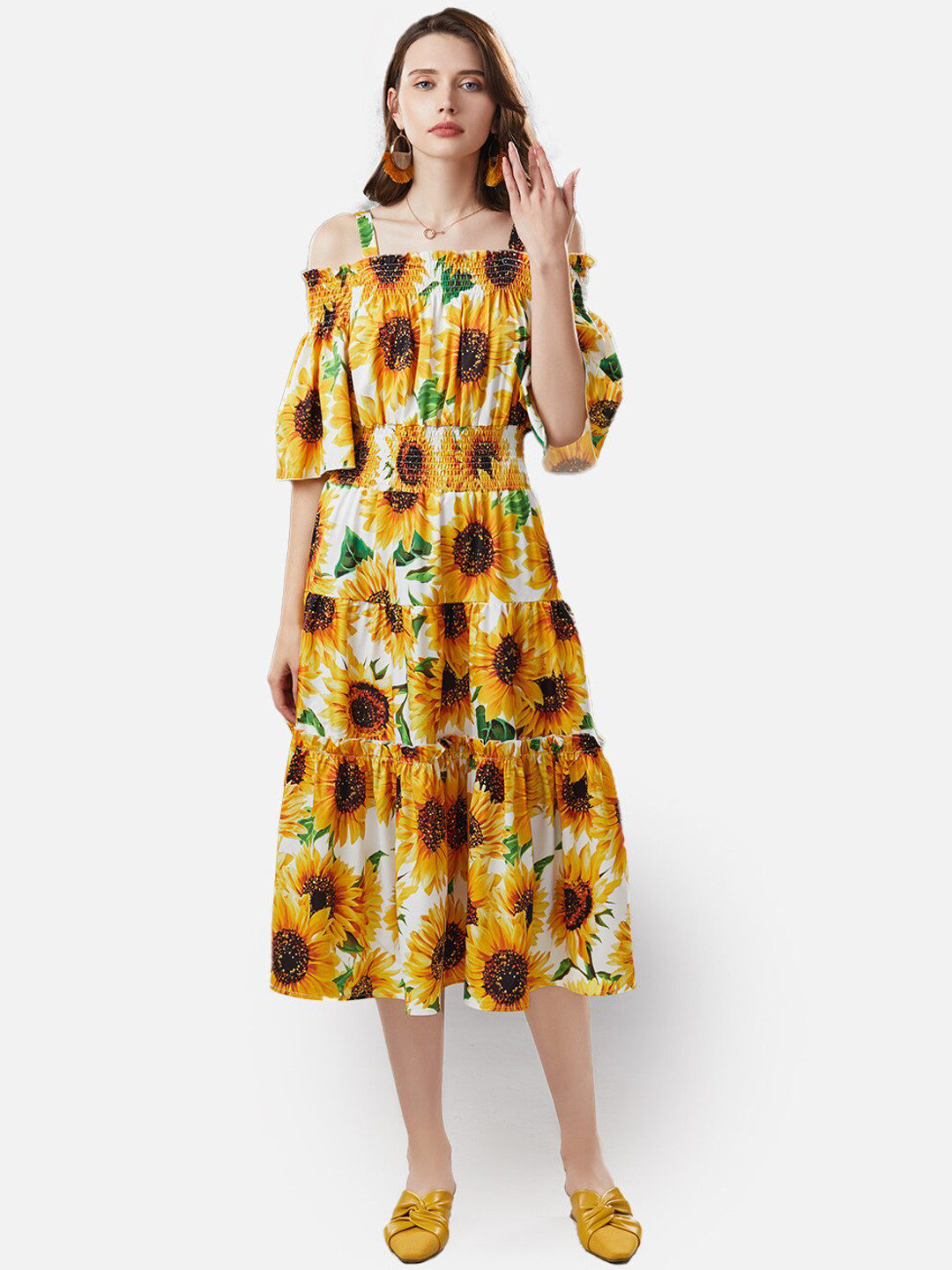 JC Collection Yellow Floral Off-Shoulder Midi Dress