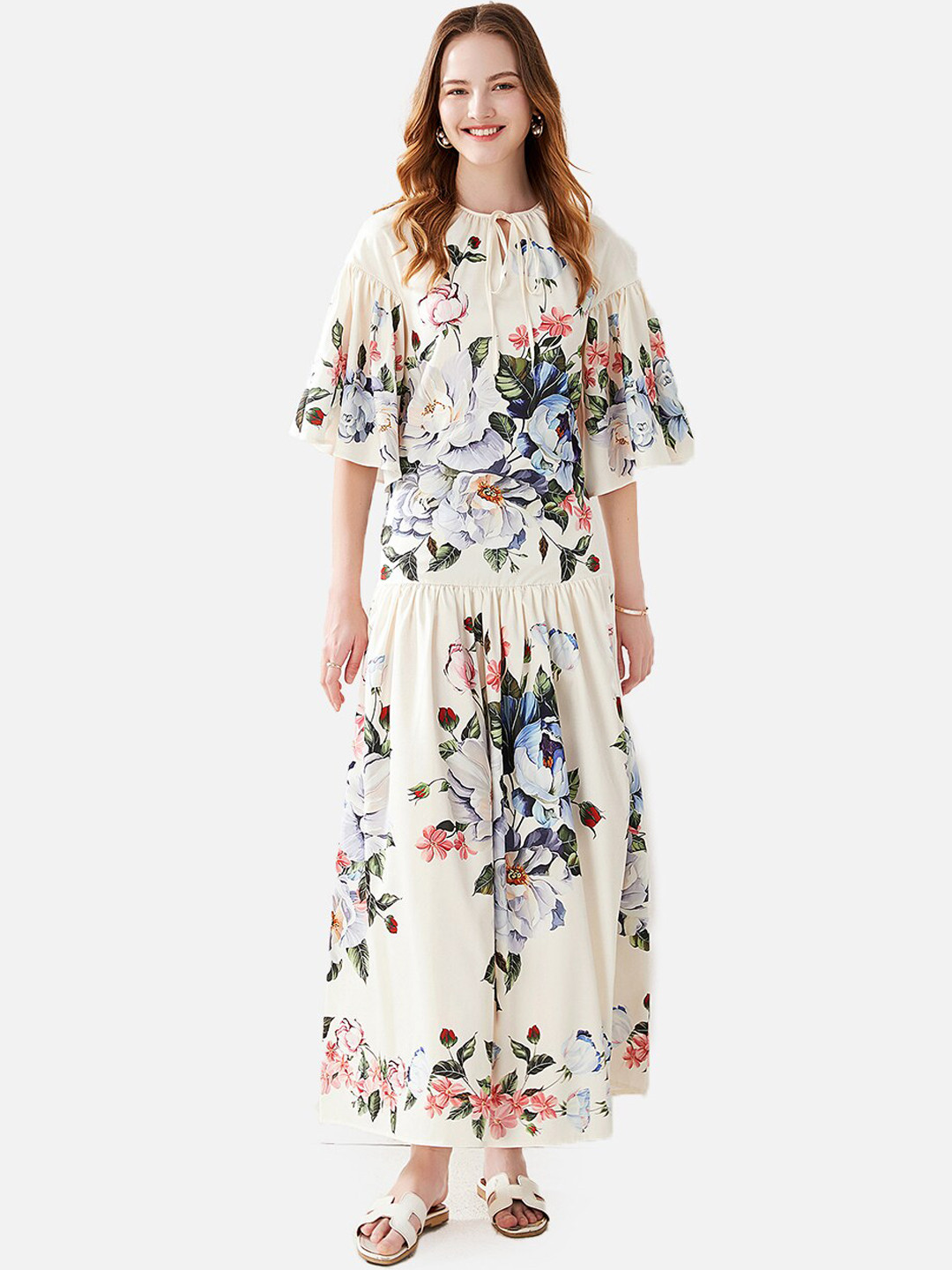 JC Collection White Floral Flared Sleeves Maxi Dress