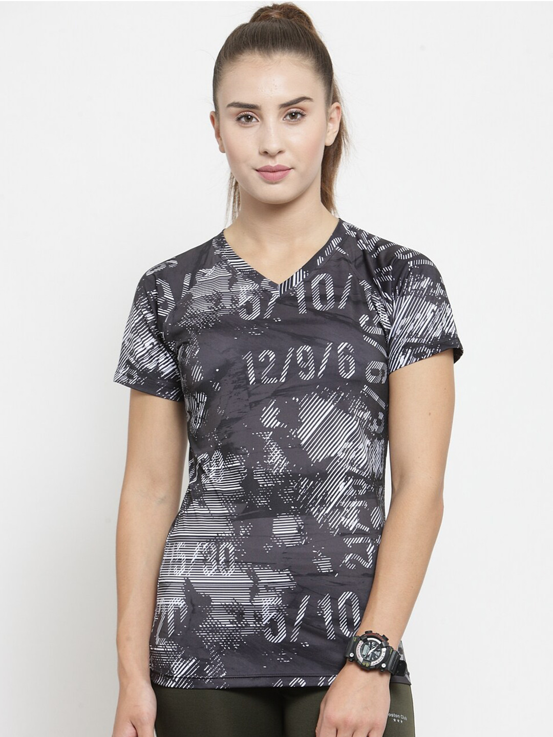 Boston Club Women Black & Grey Typography Printed T-shirt