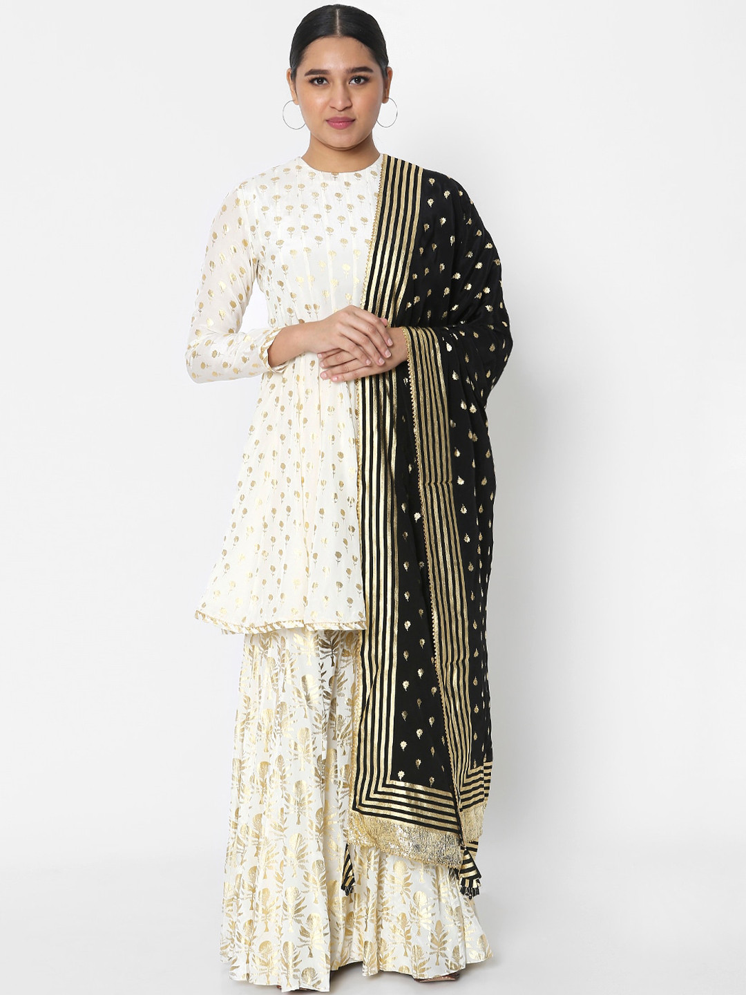 Masaba Women Off White Ethnic Motifs Printed Layered Silk Crepe Kurta with Sharara & With Dupatta