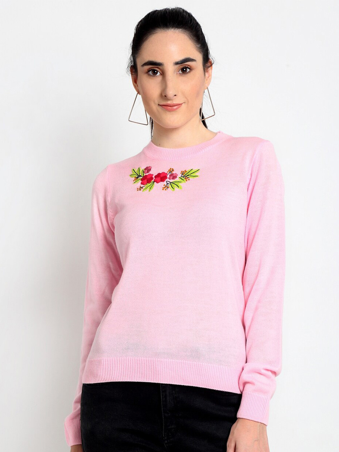 Club York Women Pink Pullover with Embroidered Detail