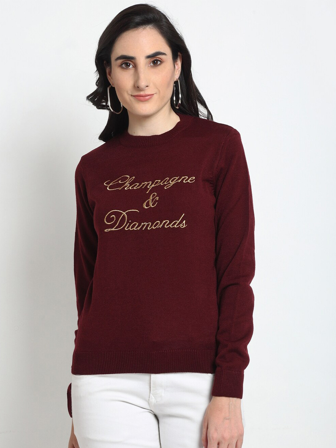 Club York Women Maroon & Gold-Toned Embroidered Pullover