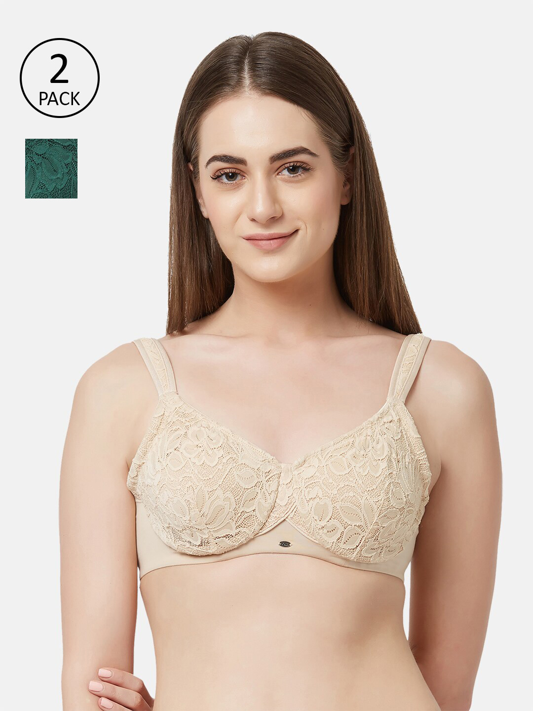 Soie Pack of 2 Beige & Green Floral Everyday Bra Underwired COMBO FB-610G.JUNGLE/NUDE