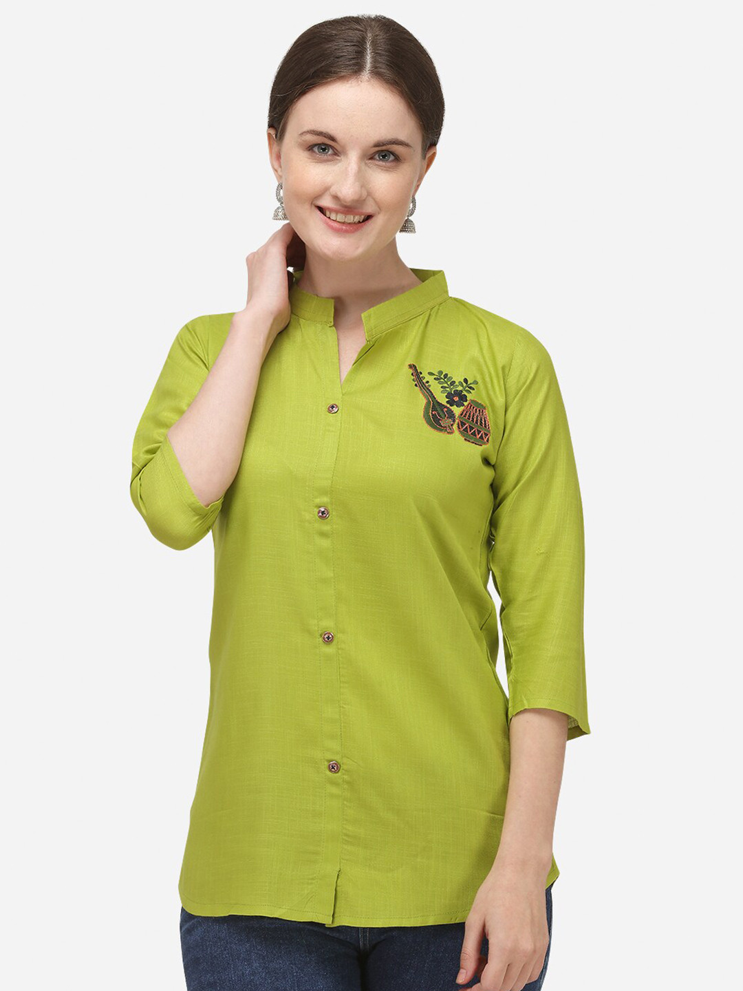 RAJGRANTH Women Lime Green Mandarin Collar Placement Print Shirt Style Top