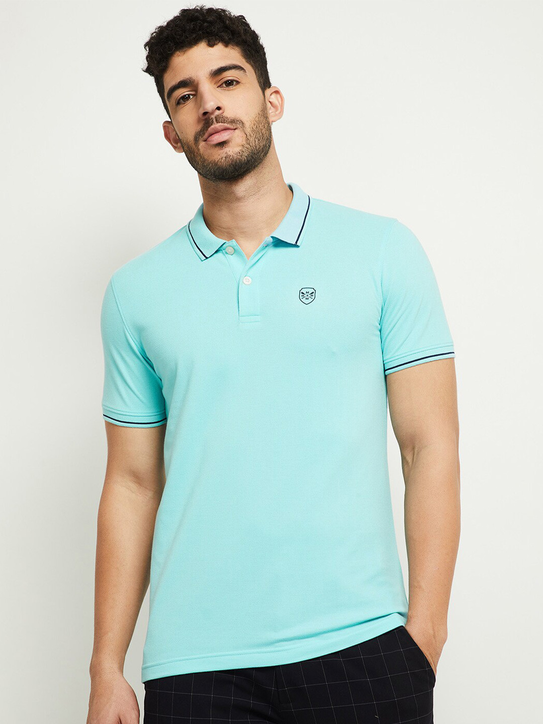 max Men Turquoise Blue Polo Collar T-shirt