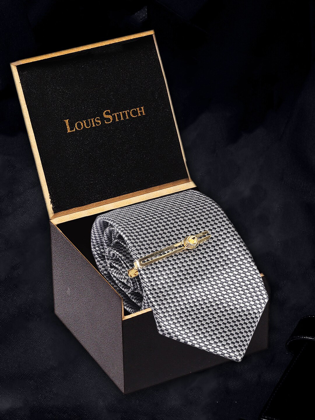 LOUIS STITCH Men Ash Grey Italian Silk Necktie Accessory Gift Set