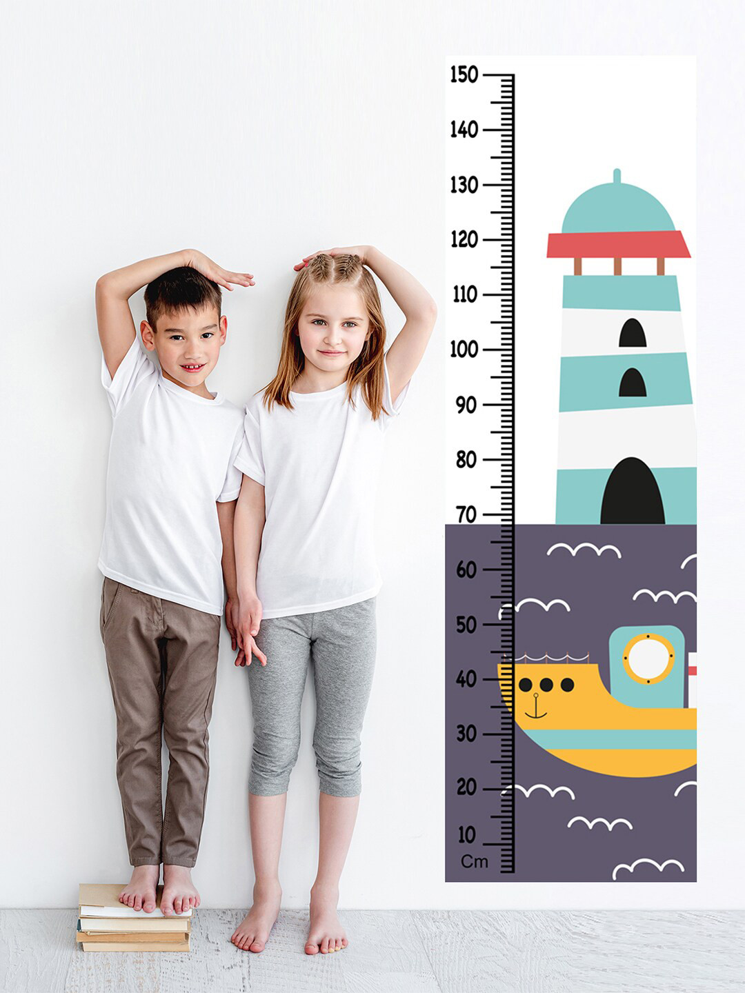 WENS Kids Multicoloured Ship And Lighthouse Height Chart Vinyl Wall Sticker