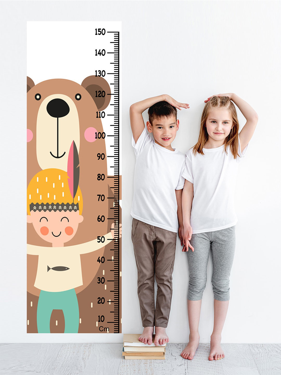 WENS Kids Multicoloured Boy With Bear Height Chart Vinyl Wall Sticker