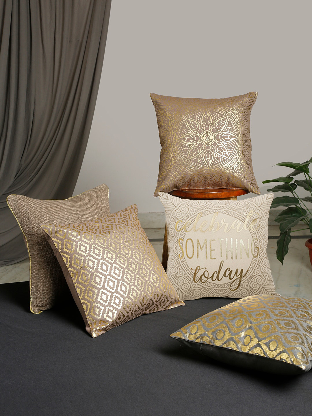BLANC9 Set Of 5 Taupe & Gold-Toned Foil Printed Cotton Square Cushion Covers