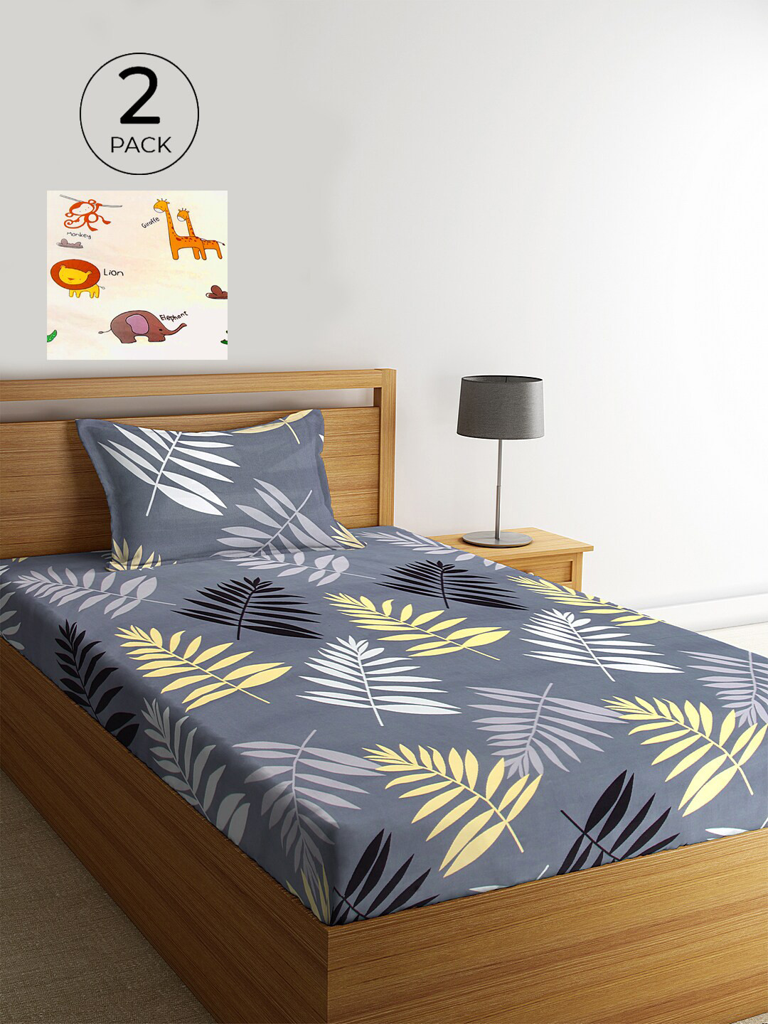 KLOTTHE Grey Leaf Polycotton 210 TC Single Fine 2 Bedsheet with 2 Pillow Covers-87 x 59 inches