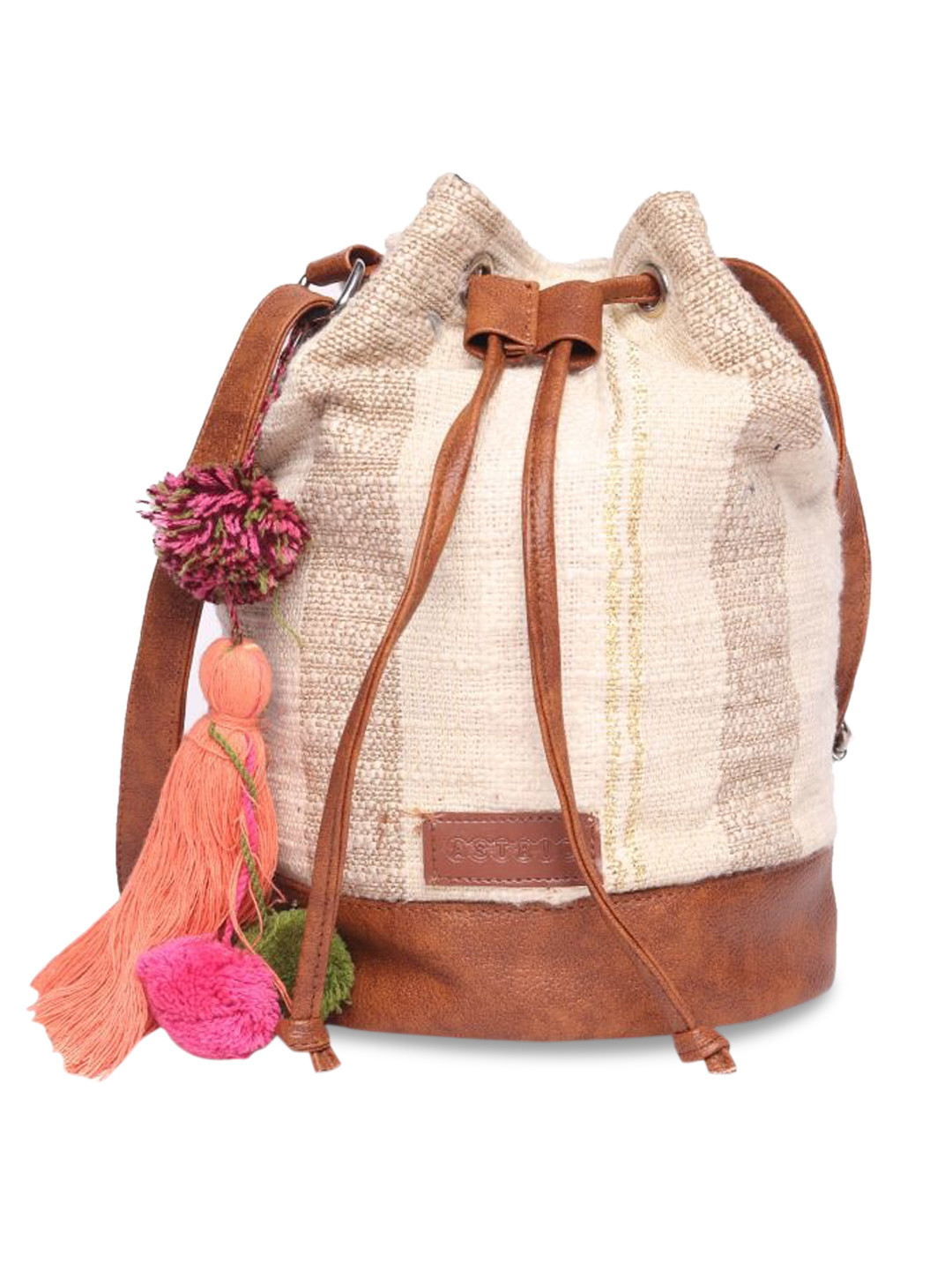 ASTRID Beige Colourblocked Bucket Sling Bag with Tasselled