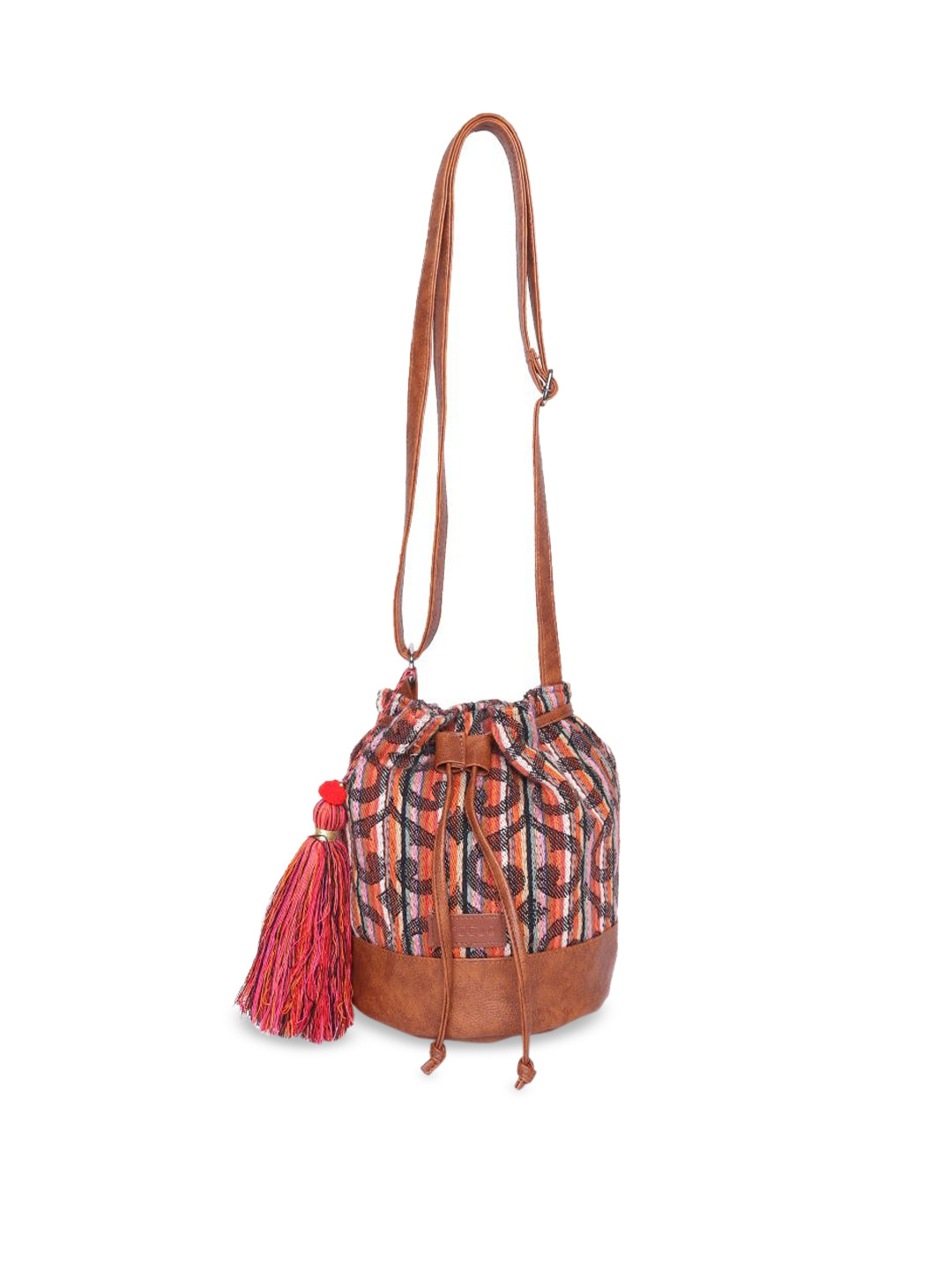 ASTRID Brown Bucket Sling Bag with Tasselled