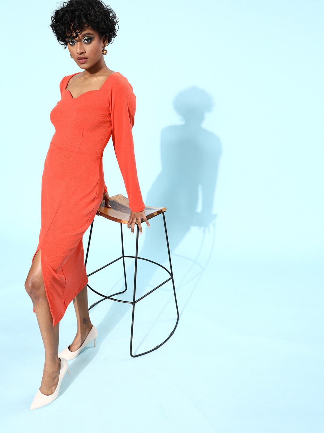 Athena Women Bright Orange Solid Sweetheart Neck Dress