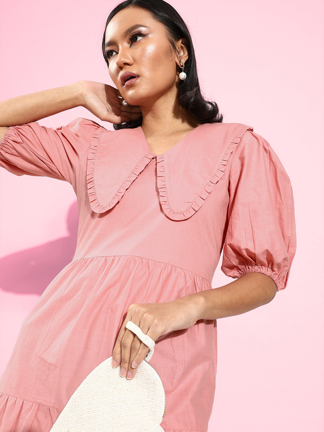 Athena Women Pretty Pink Solid Above The Keyboard Collar Dress