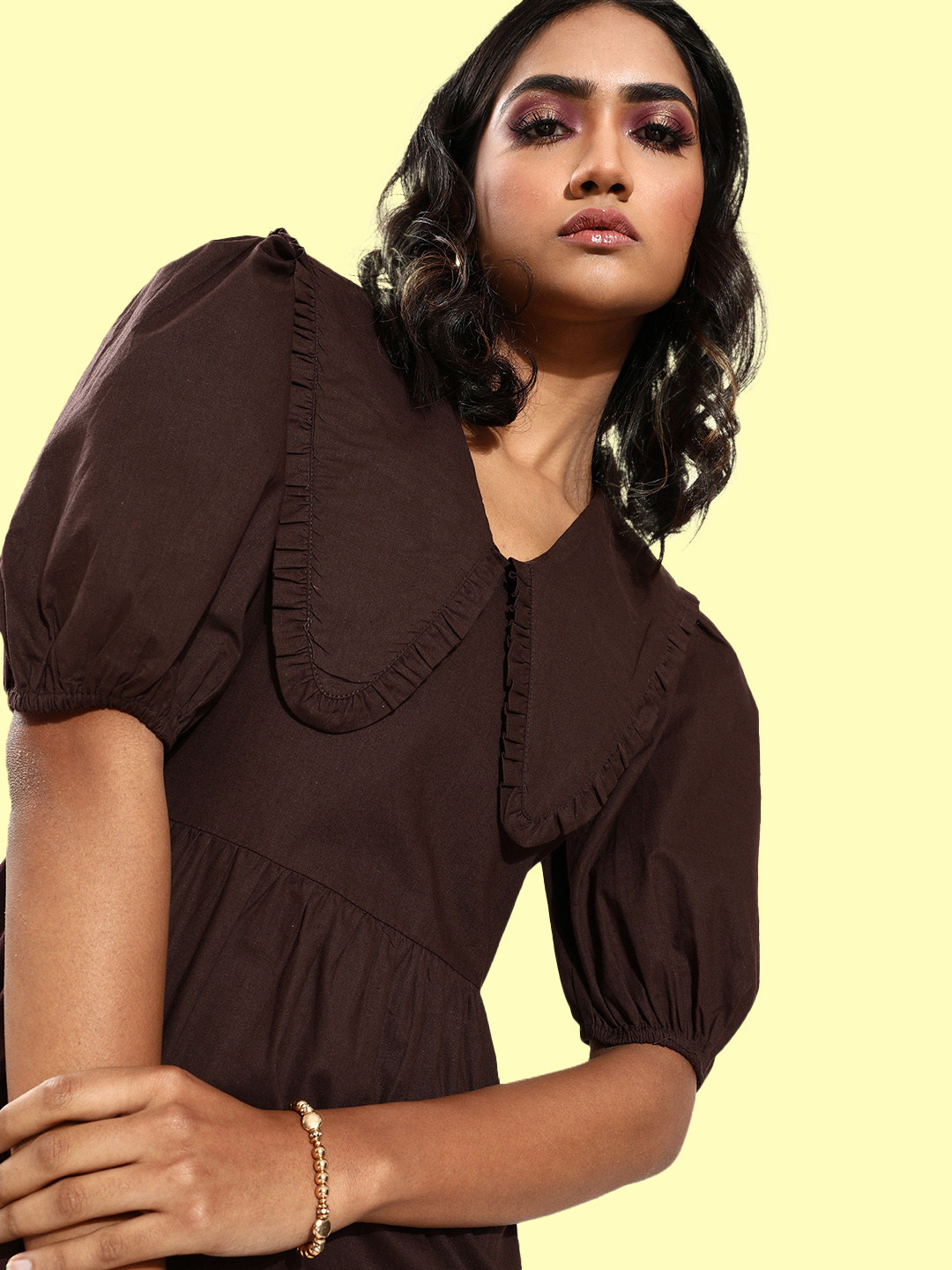 Athena Women Elegant Coffee Brown Solid Above The Keyboard Collar Dress