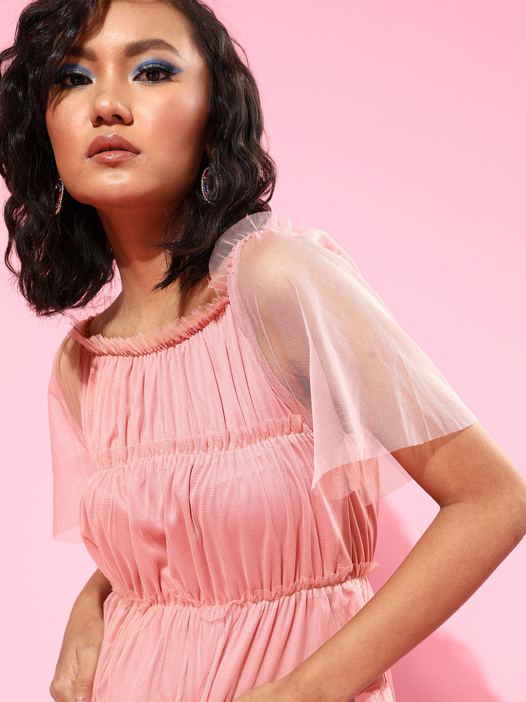 U&F Women Pink Solid Net Flared Sleeves Tiered Cinched Waist Top