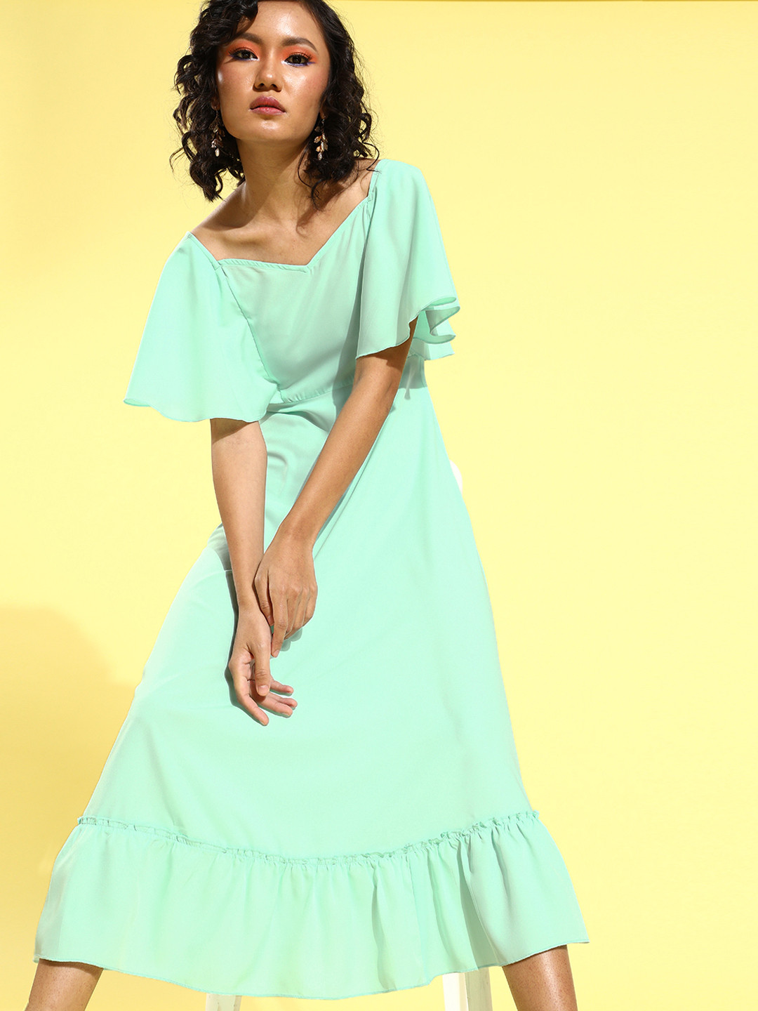 U&F Turquoise Blue Crepe A-Line Midi Dress