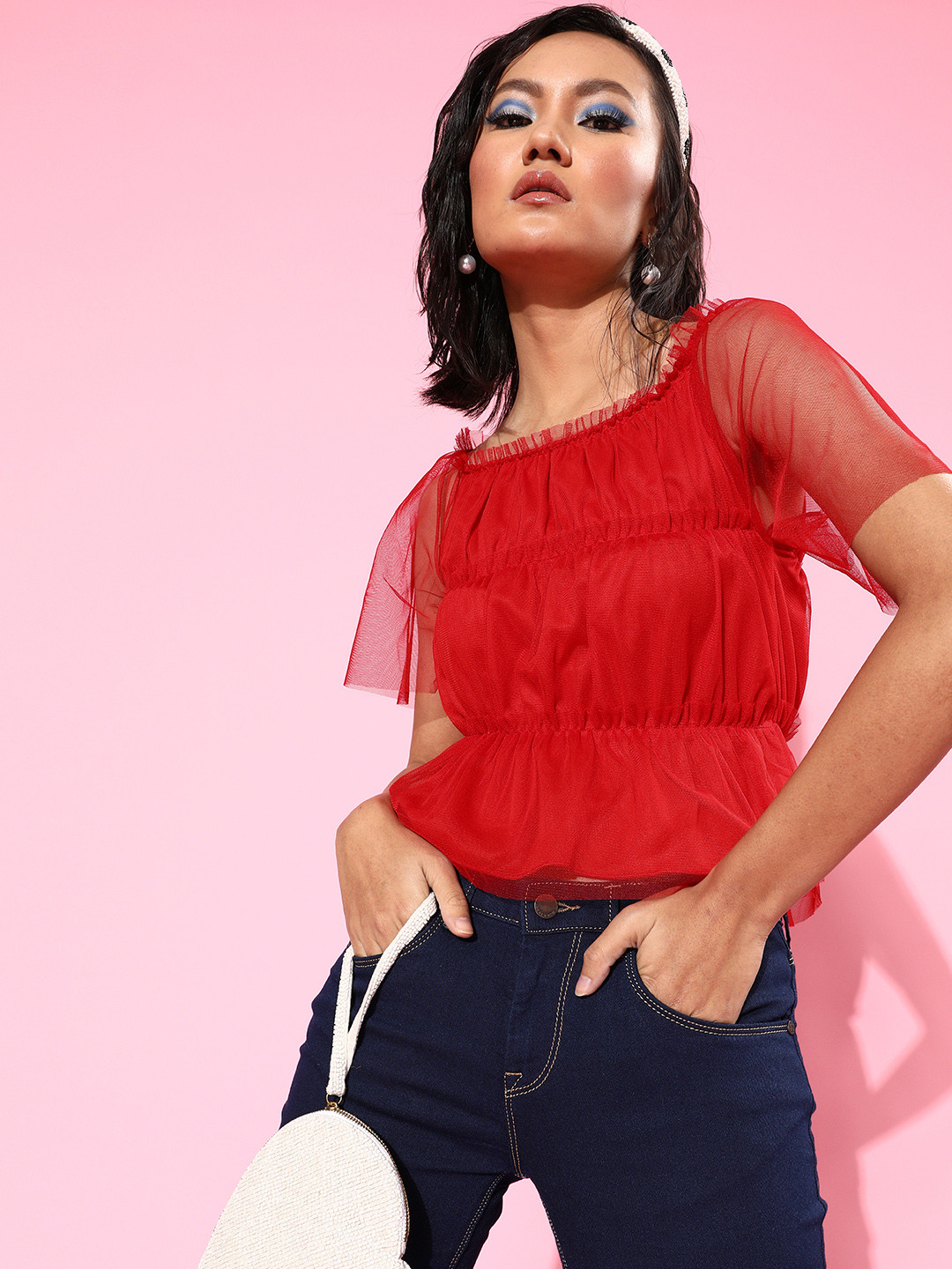 U&F Women Red Solid Net Flared Sleeves Tiered Cinched Waist Top