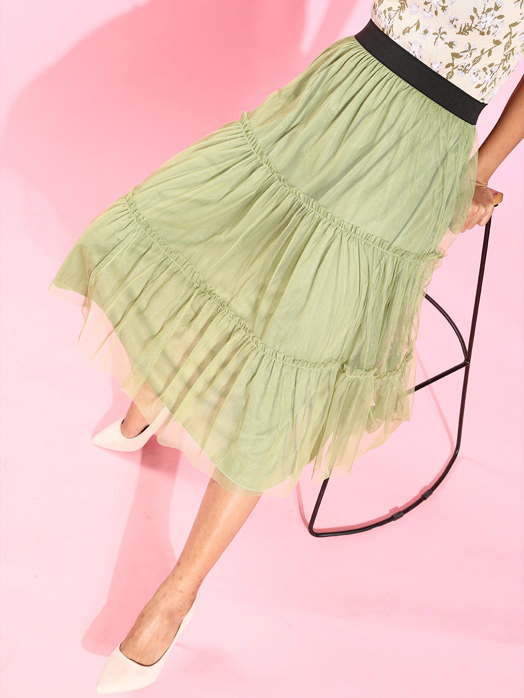 U&F Womens Green Flared Skirt