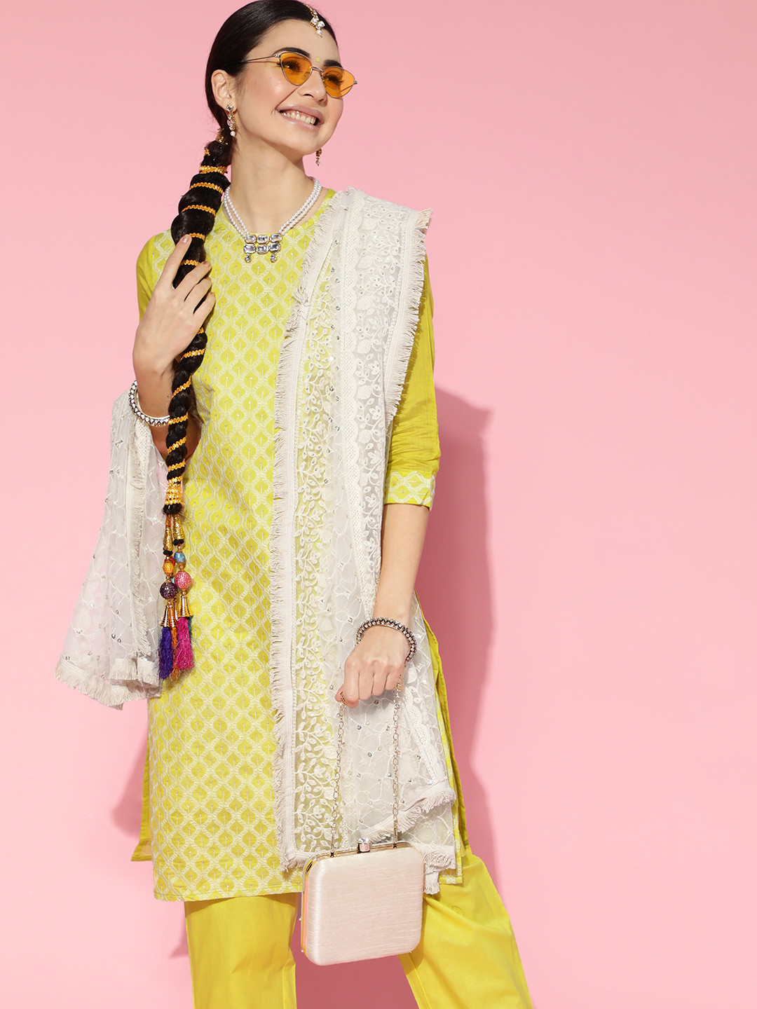 Indo Era Women Olive Green Embroidered Regular Sequinned Chanderi Cotton Kurta with Trousers & With Dupatta