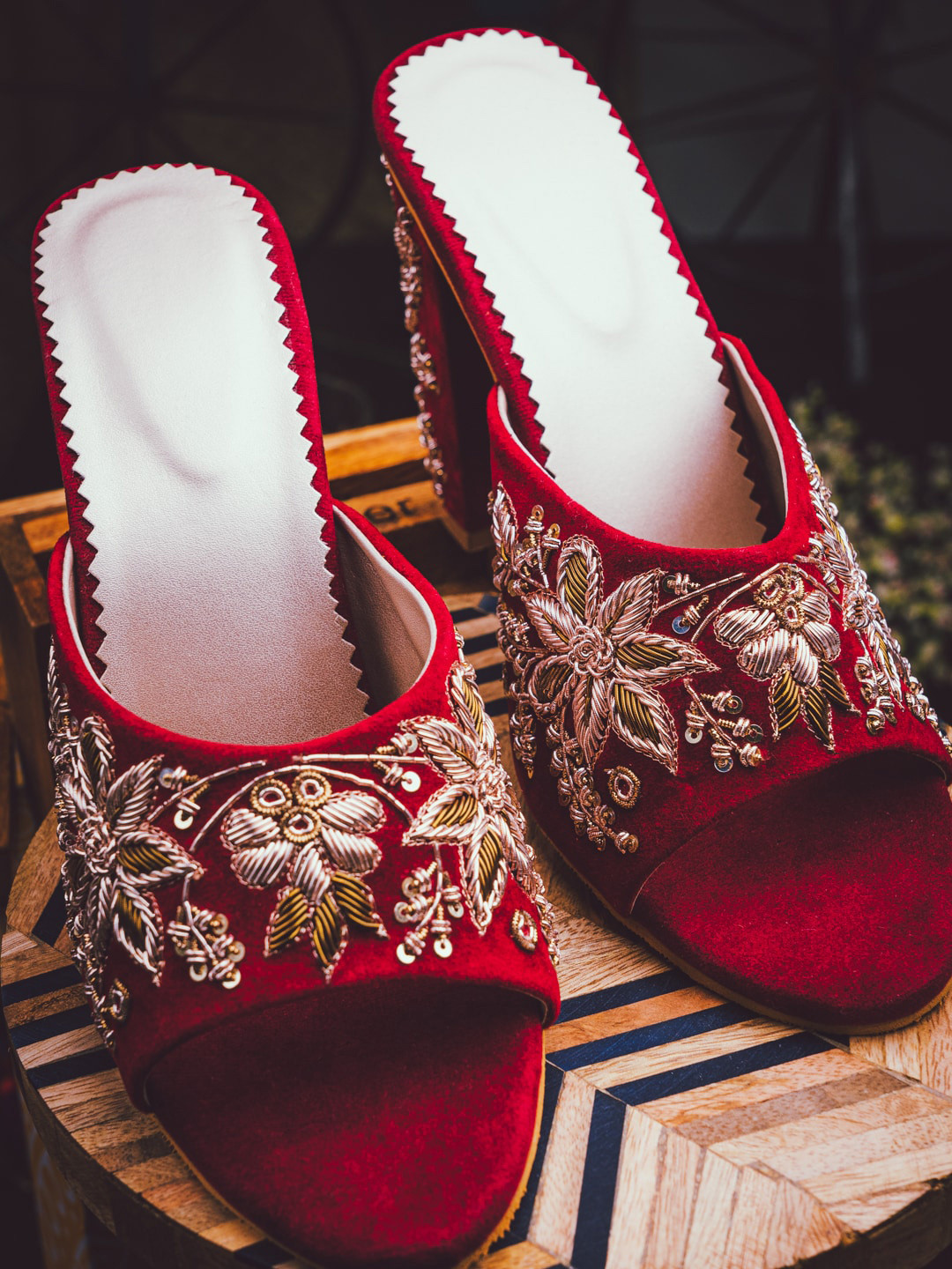 NR By Nidhi Rathi Maroon Embroidered Velvet Block Heels
