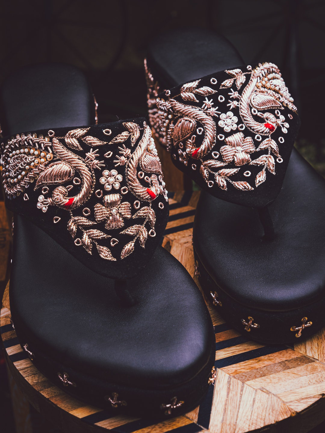 NR By Nidhi Rathi Black Velvet Embroidered Heels