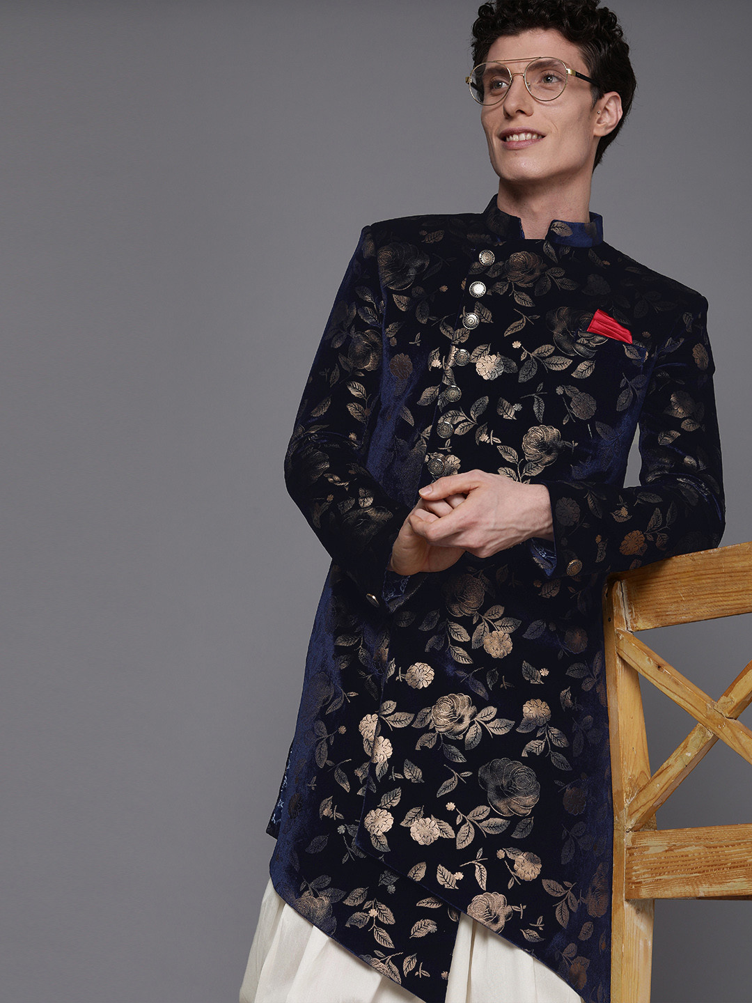 Manyavar Men Navy Blue & Off-White Floral Printed Sherwani Set