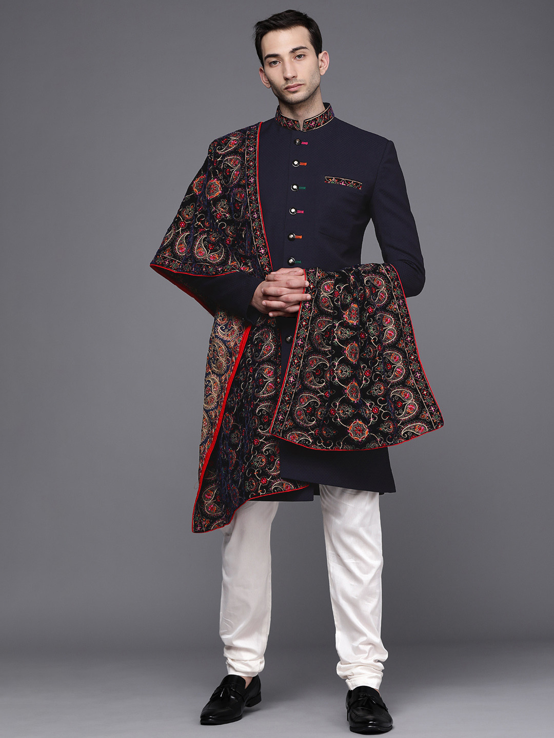 Manyavar Men Navy Blue & White Printed Sherwani Set with Dupatta