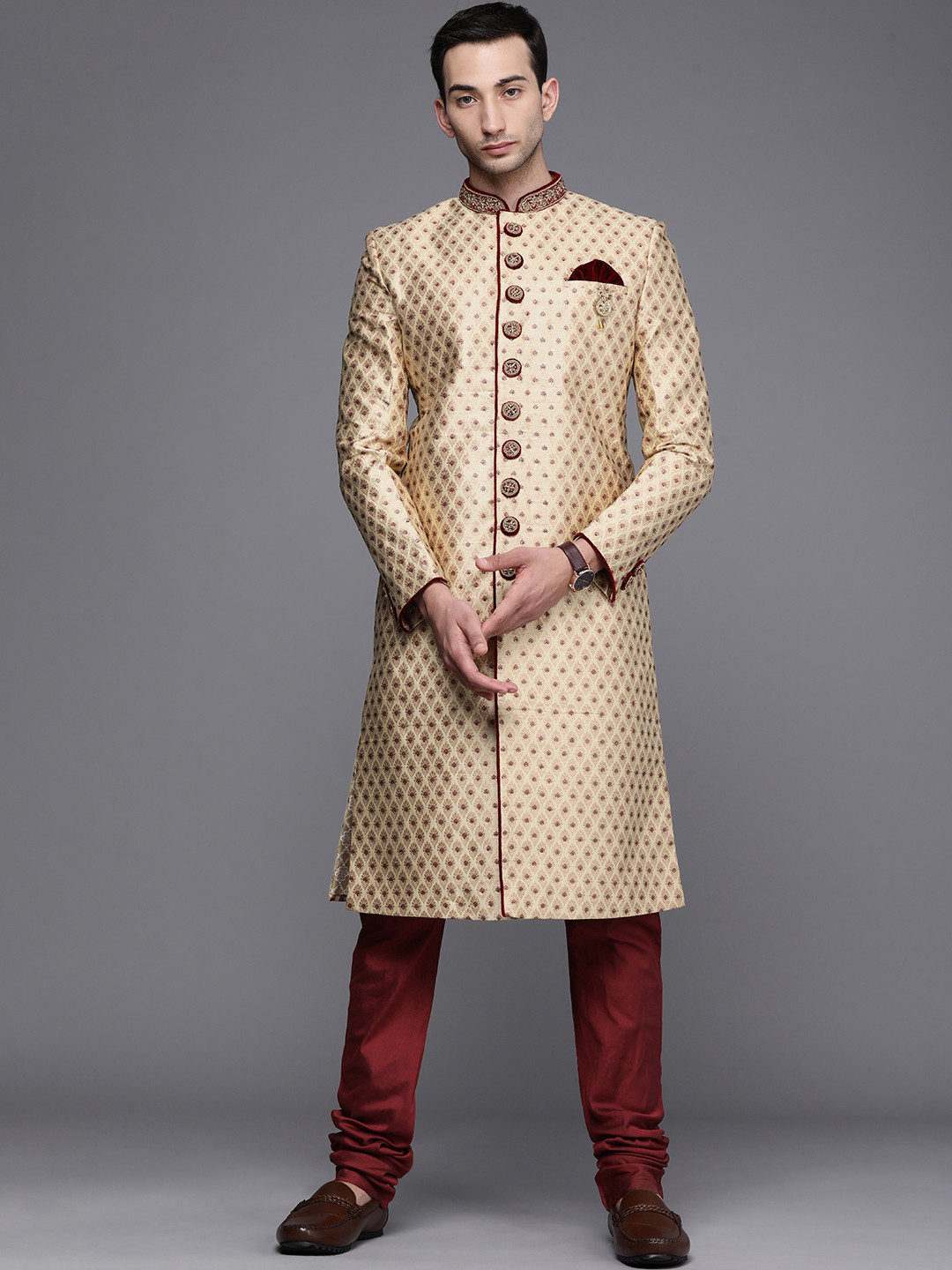 Manyavar Men Beige & Maroon Printed Zardozi Sherwani and Churidar Set
