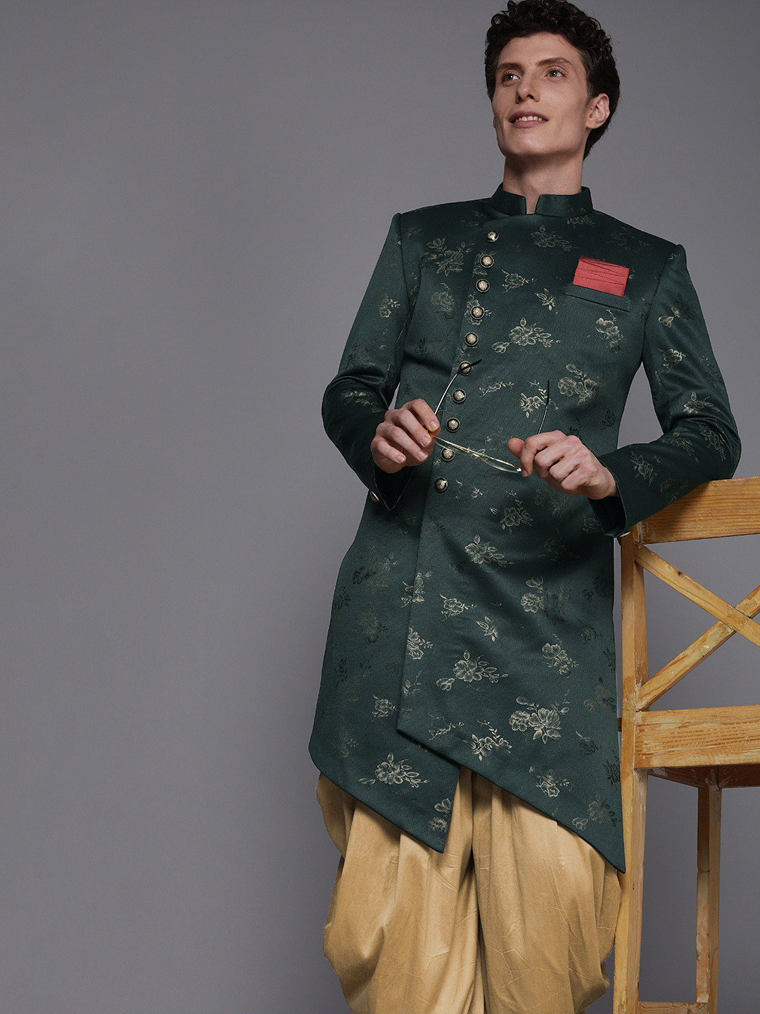 Manyavar Men Green & Beige Floral Printed Sherwani and Patiala Set