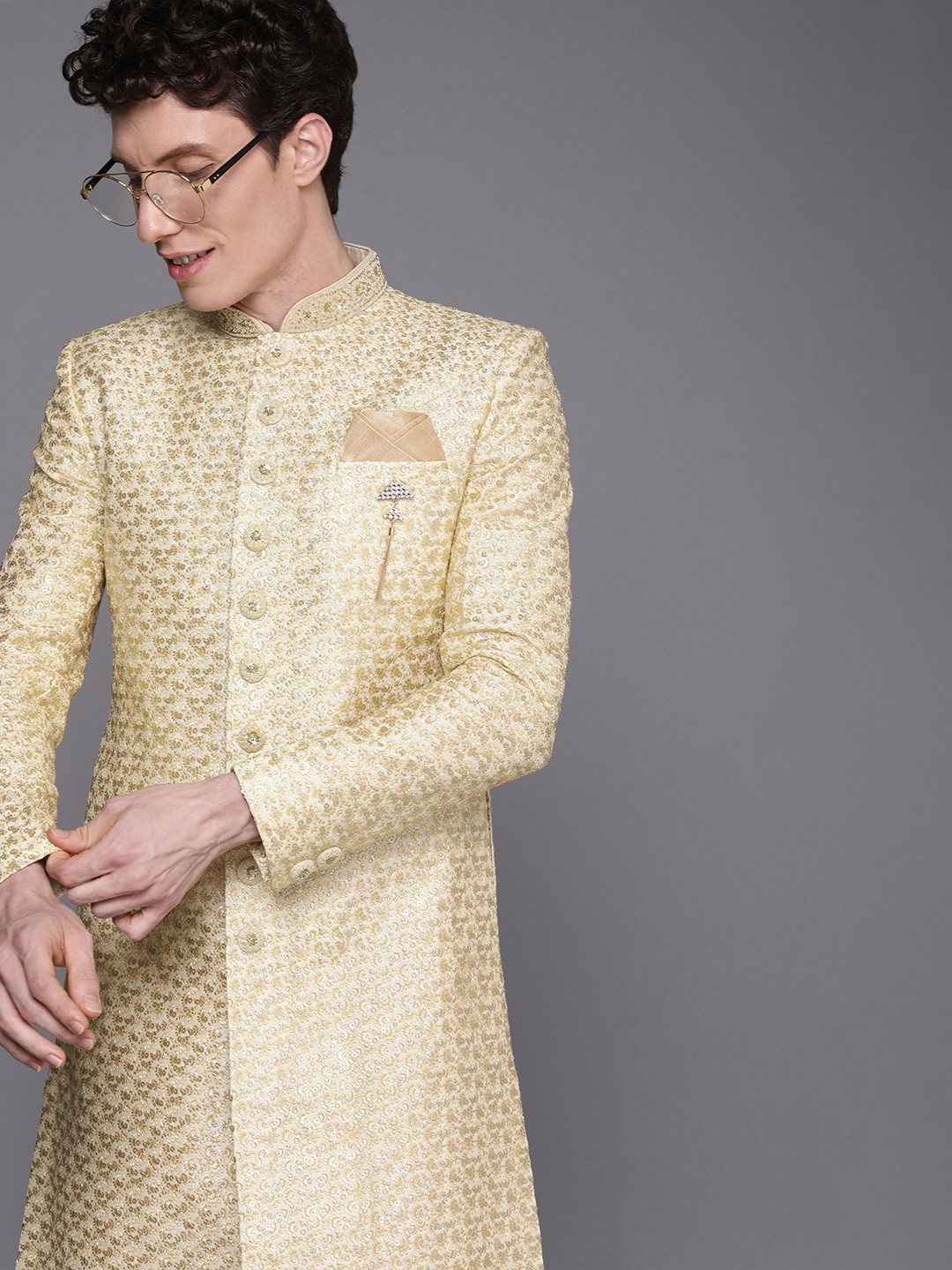 Manyavar Men Beige Embroidered Sherwani and Churidar Set