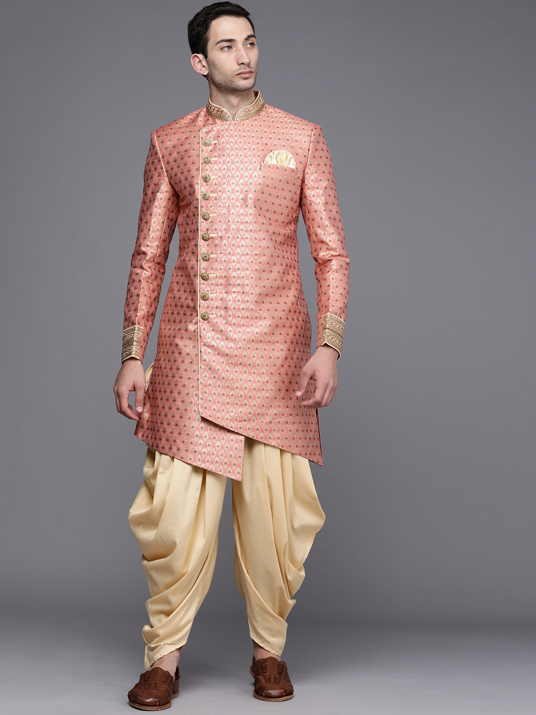 Manyavar Men Peach-Coloured & Beige Ethnic Motif Printed Sherwani and Patiala Set