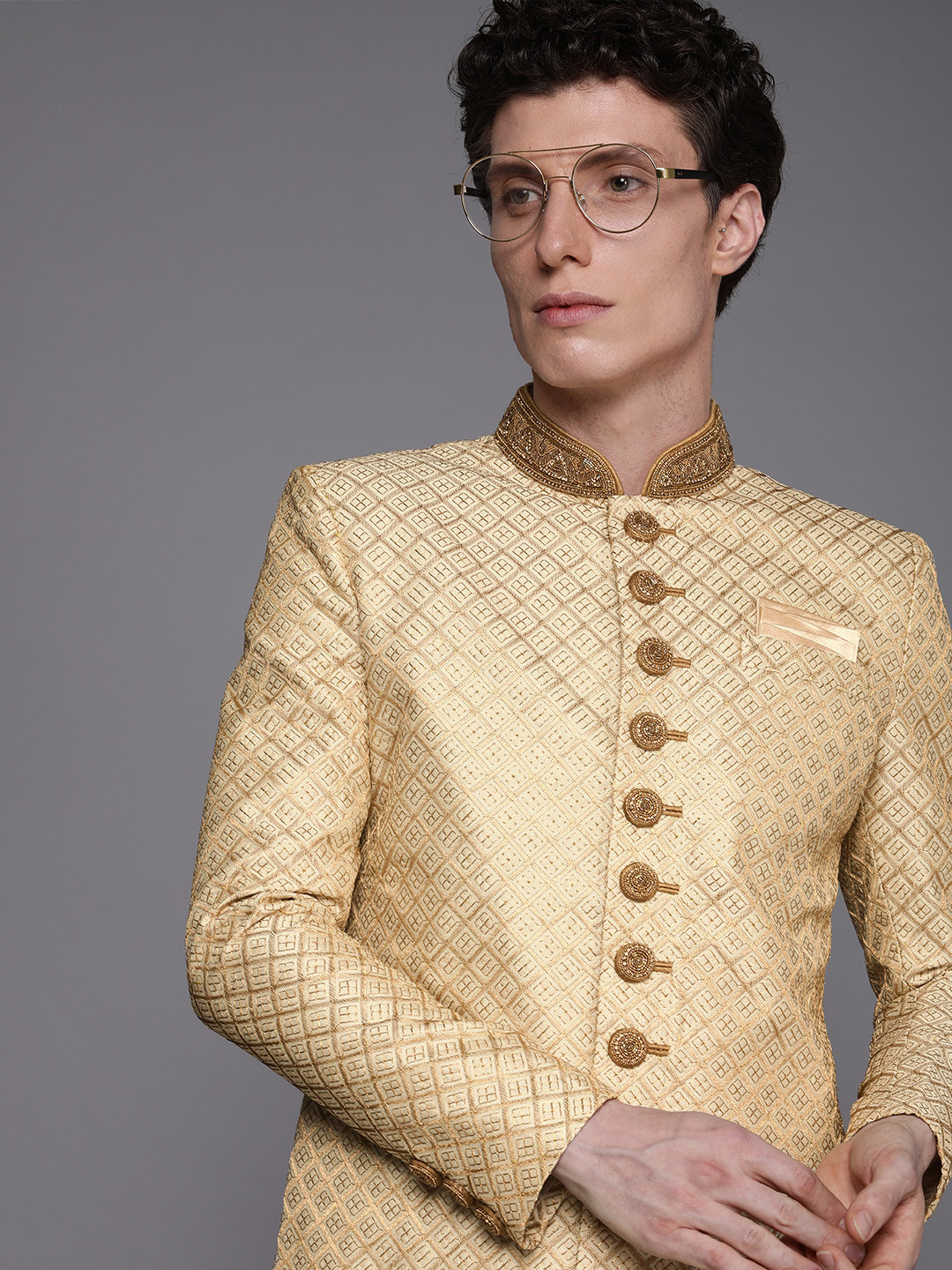 Manyavar Men Beige Printed Sherwani and Churidar Set