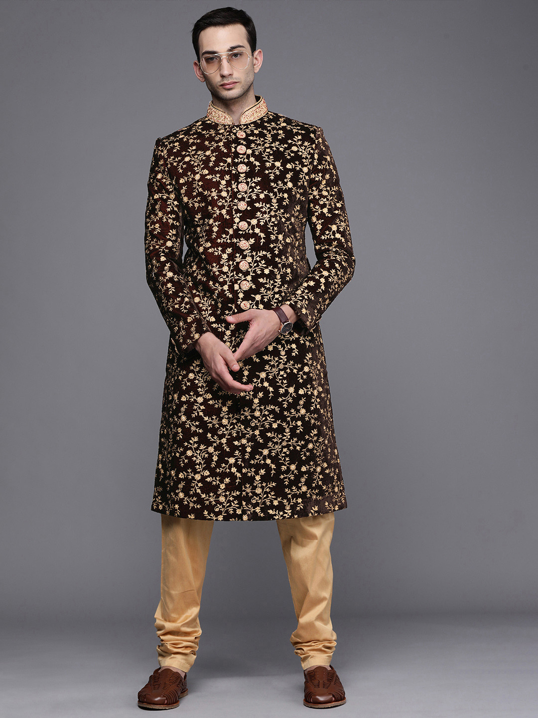 Manyavar Men Maroon & Beige Floral Embroidered Sherwani and Churidar Set